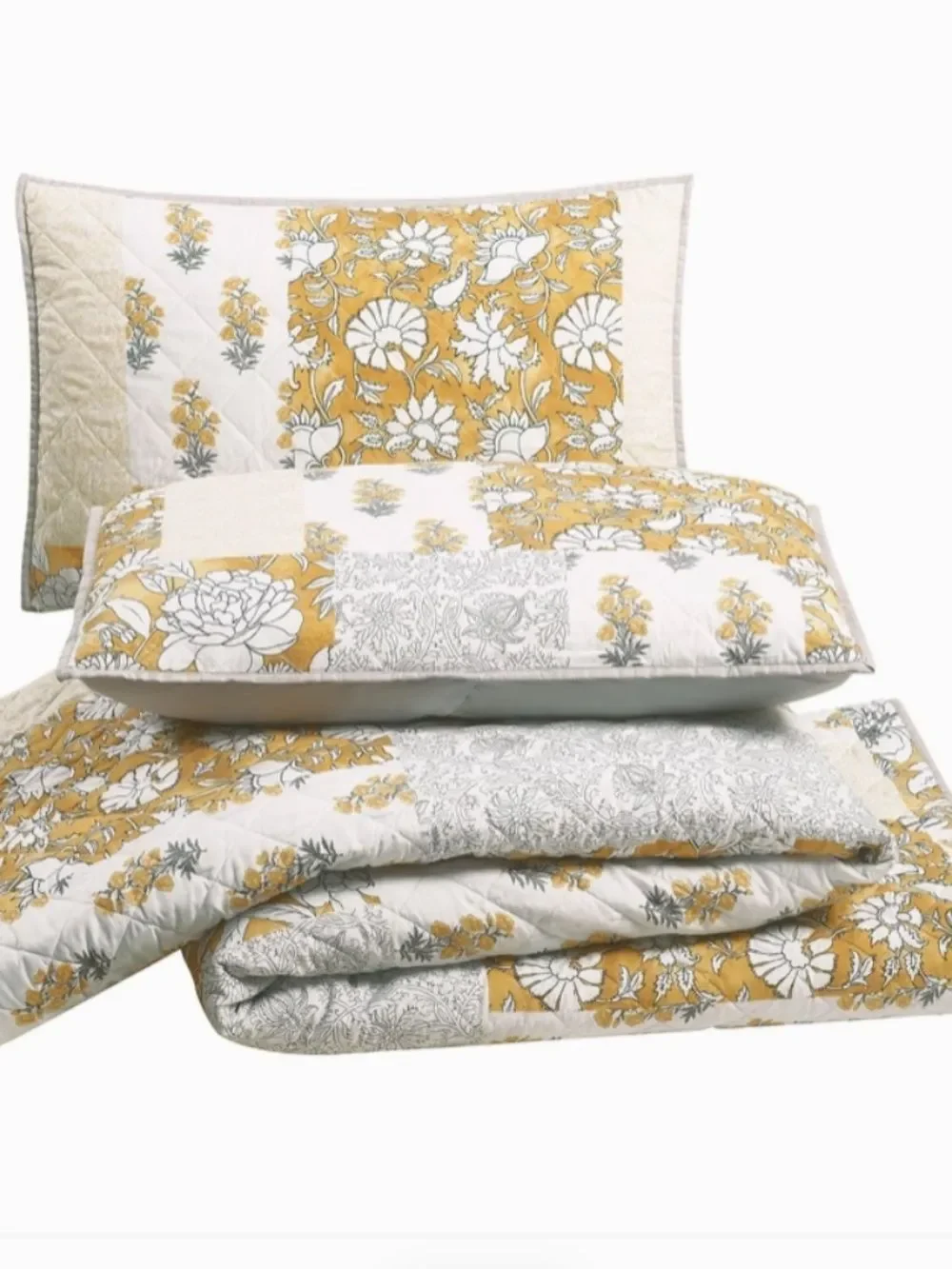 Golden Saffron Patchwork Queen Quilt Set Cottage Floral Shabby Chic
